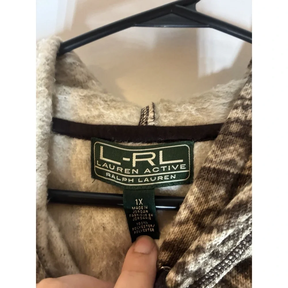 Lauren Ralph Lauren Active Fair Isle Fleece Hoodie Brown Cream Plus Size 1X